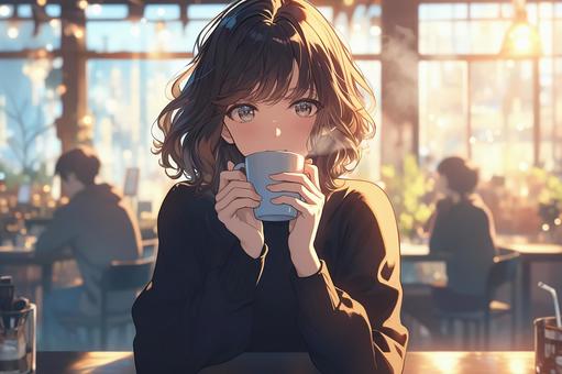 【AI生成画像】カフェでお茶を飲む女性