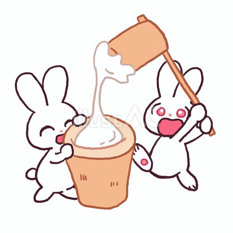 餅つきをするうさぎ　イラスト 手描き,うさぎ,餅つきのイラスト素材
