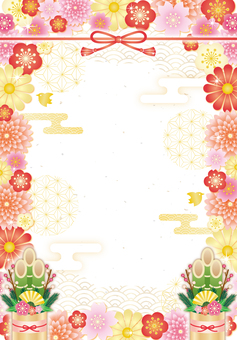 華やか和フラワー門松年賀状フレーム（縦） 年賀状,お正月,梅,桜,和,花,キラキラ,かわいい,フレーム,背景のイラスト素材