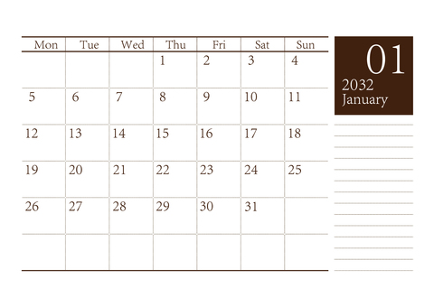 月曜始まりカレンダー2032年1月A4 月曜始まり,1月,１月,カレンダー,2032年カレンダー,2032,令和14年,2032カレンダー,シンプル,テンプレートのイラスト素材
