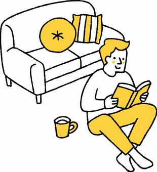 ソファーで本を読むメガネの男性 ソファー,本,読む,読書,メガネ,男性,一人暮らし,趣味,好き,休日のイラスト素材