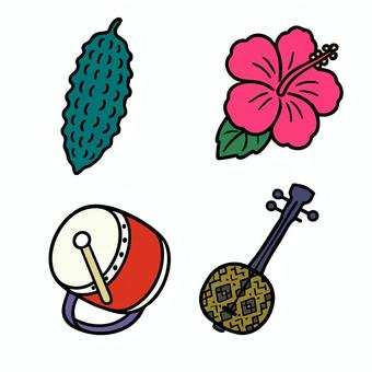 沖縄のアイテム 沖縄,ゴーヤ,ハイビスカス,太鼓,三線のイラスト素材