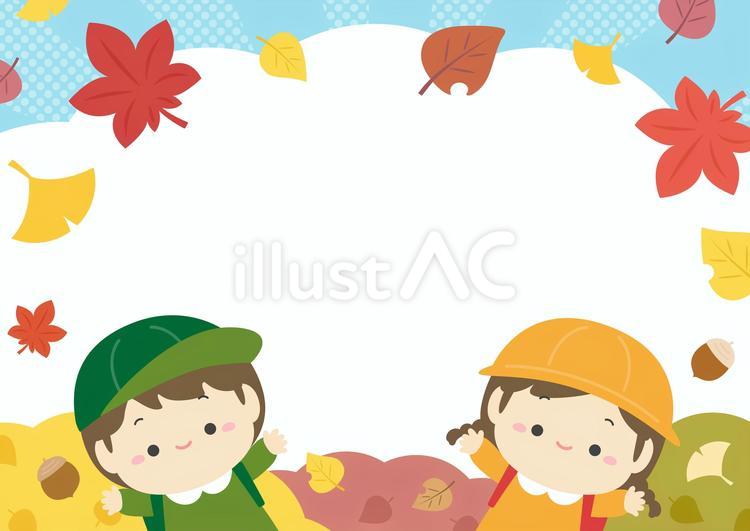 秋の紅葉と子供のフレーム、秋の遠足03 秋,紅葉,背景のイラスト素材