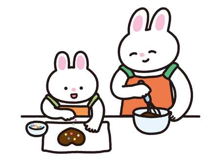 チョコレート作りをする親子うさぎ うさぎ,動物,料理,お菓子作り,クッキング,挑戦,趣味,親子,親,お母さんのイラスト素材