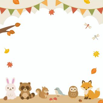 紅葉と動物秋まつりマルシェフレーム正方形 秋,フレーム,動物,マルシェ,正方形,9月,10月,11月,うさぎ,たぬきのイラスト素材