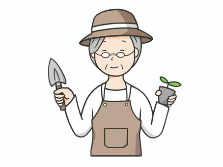 ガーデニングをするお婆ちゃんのイラスト ガーデニング,スコップ,趣味,植物,園芸,自然,ナチュラル,育てる,土いじり,帽子のイラスト素材