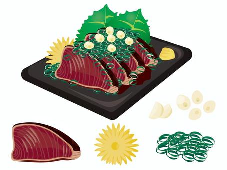 かつおのたたき かつおのたたき かつおのたたき,魚料理,刺身,藁焼き,ポン酢,醤油,タレ,しょうが,にんにく,青ねぎのイラスト素材