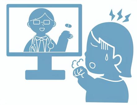 オンライン診療を受ける人のイラスト（青） オンライン診療,診察,医者,患者,体調不良,風邪,コロナ,インフルエンザ,インフル,モニターのイラスト素材