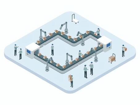 アイソメトリック_工場_ベルトコンベア アイソメトリック,立体,アイソメ,斜め上,運搬,ダンボール,管理,ロボット,機械化,工場のイラスト素材