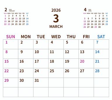 2026年シンプルカレンダー3月／卓上 2026年カレンダー,カレンダー,2026,令和8年,月間カレンダー,シンプル,透過,オリジナル,自作,かわいいのイラスト素材