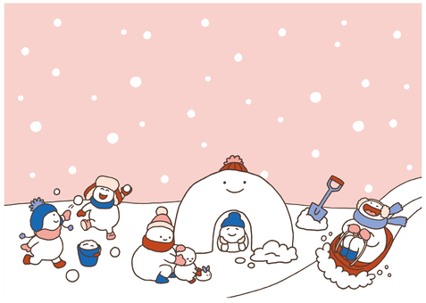 雪だるま_メッセージカード_ピンク 冬,雪,雪だるま,雪あそび,こども,かまくら,雪合戦,雪うさぎ,ソリ,そりすべりのイラスト素材