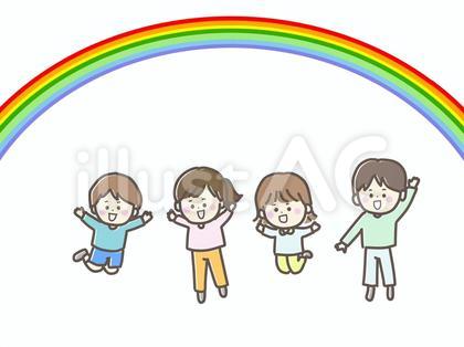 虹を背景にジャンプする子どもたち