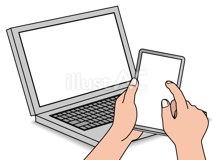 ノートパソコンとスマホ連携03_CS3 パソコン,スマホ,手のイラスト素材