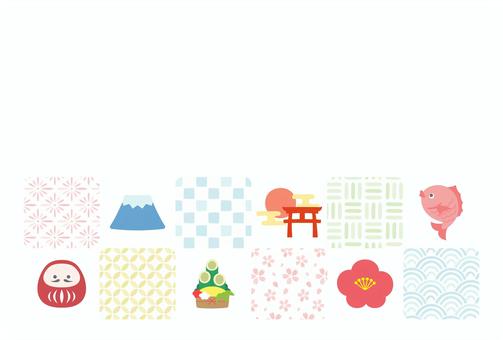 縁起物と和柄 お正月の年賀状02 お正月,年賀状,正月,和柄,年賀状素材,富士山,だるま,初日の出,門松,鯛のイラスト素材