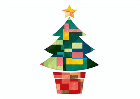 パッチワーク風クリスマスツリー クリスマス,ツリー,オーナメント,素朴,かわいい,やわらかい,手描き,あしらい,広告,ちらしのイラスト素材