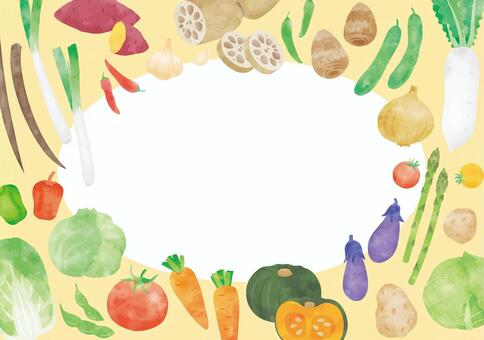 水彩風　野菜背景 4 野菜,背景,フレーム,人参,大根,たまねぎ,なす,じゃがいも,さつまいも,里芋のイラスト素材