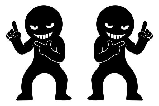 にやけ顔の悪人Ｕ上指差し