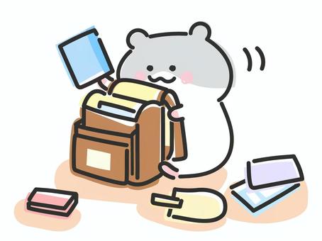 ランドセルの準備をするハムスター 小学生,小学校,準備,用意,ランドセル,教科書,ノート,筆箱,学校,持ち物のイラスト素材