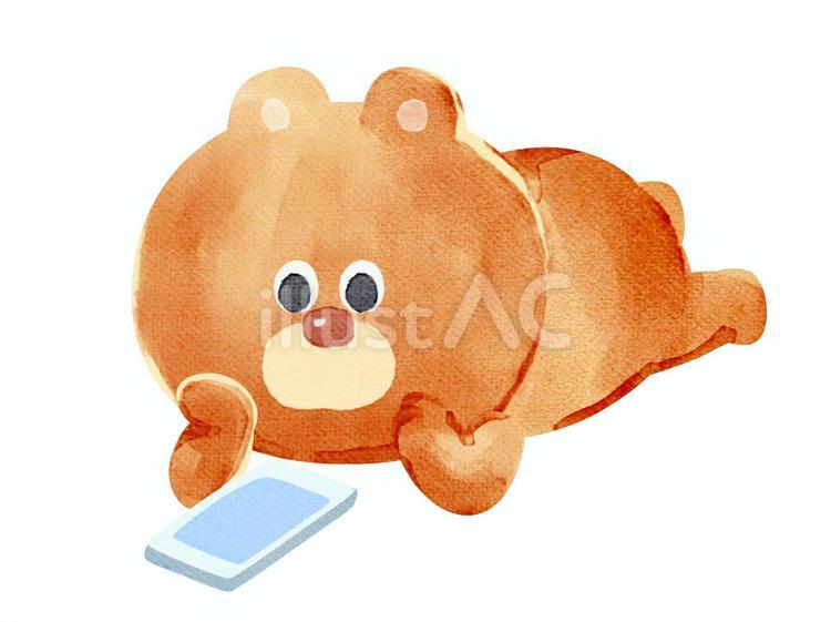 水彩画_携帯で遊ぶクマ_01イラスト - No: 25457845｜無料イラスト