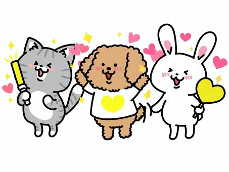 推し活！黄色担当の犬猫兎トリオ 黄色,イエロー担当,推し活,推し事,推しメン,好き,愛,オタ活,尊い,コンサートのイラスト素材