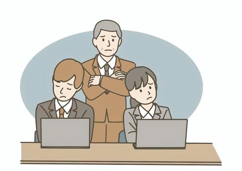 悩んでいる若手社員と上司（スーツ） オフィス,ビジネス,上司,部下,若手社員,管理職,スーツ,困惑,会議,チームのイラスト素材