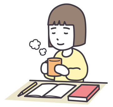 勉強中に飲み物を飲む女子学生 勉強,受験勉強,息抜き,休憩,リラックス,高校生,中学生,学生,飲み物,暖かいのイラスト素材