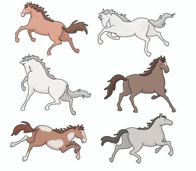 躍動する馬　色付き① 馬,横向き,躍動,白,灰色,茶,午,６種のイラスト素材