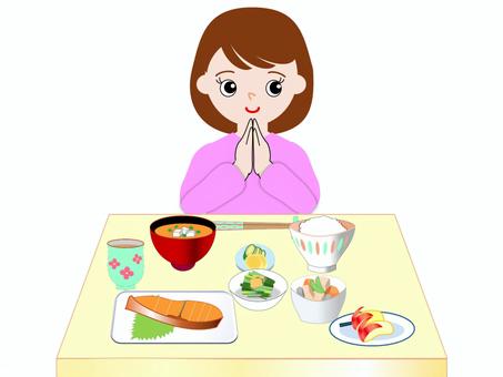 和食の食卓で「いただきます」をする女性 和食,食卓,食事,感謝,女性,箸,箸置き,ご飯,味噌汁,漬物のイラスト素材