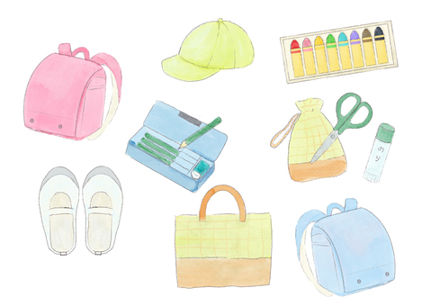 水彩風入園入学セット（カラフル） ランドセル,入園準備,道具袋,のり,入学準備,新学期,はさみ,クレヨン,上履き,帽子のイラスト素材