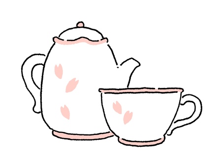 春のティーカップ&ティーセット ティーカップ,ティーセット,ティーポット,カップ,ソーサー,春,桜,お茶,ティータイム,アフタヌーンティーのイラスト素材