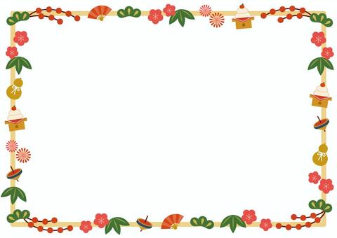 お正月の縁起物フレーム黄ヨコ 年賀,フレーム,枠,背景,縁起物,和風,和柄,かわいい,おしゃれ,デザインのイラスト素材