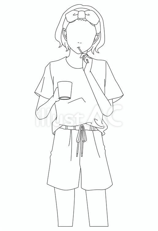 歯磨きをするパジャマの女性無表情線画 歯磨き,寝起き,女の子のイラスト素材