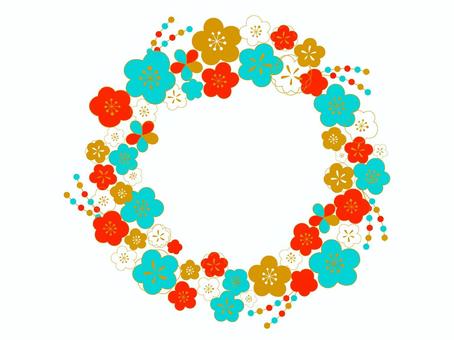 お正月和柄お花水色リースフレーム フレーム,枠,リース,花,正月,元旦,新年,新春,年賀,年賀状のイラスト素材