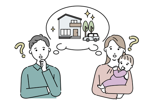 新築について考える若夫婦　セット お母さん,お父さん,家族,夫婦,親子,お金,赤ちゃん,子ども,資産,資産形成のイラスト素材
