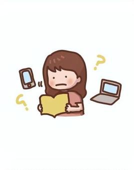 インターネットと本で調べ物をする、女の子 調べる,パソコン,携帯,スマートフォン,インターネット,本,雑誌,女の子,手描き,かわいいのイラスト素材