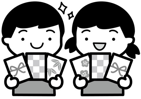 お年玉-2c お年玉,もらう,子供,男の子,女の子,笑顔,お年玉袋,正月,元旦,かわいいのイラスト素材