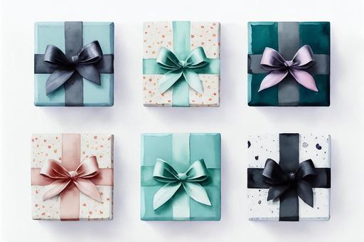 6 cute gift boxes watercolor, JPG 6 cute gift boxes watercolor, present, ribbon, cute, JPG