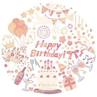 水彩風手描きバースデーパーティセット パーティー,バースデー,ガーリー,手書き,オシャレ,ガーランド,星,リボン,風船,クラッカーのイラスト素材