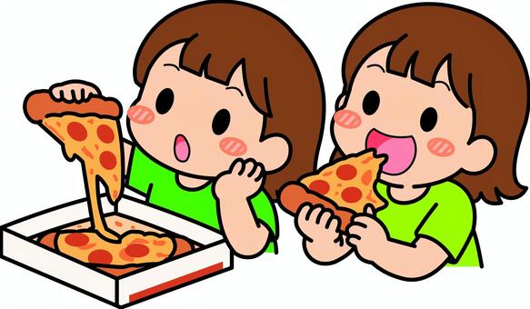 緑系のピザの女子です。 ピザ,シンプル,食べる,食事,ファストフード,テイクアウト,笑顔,幸せ,食べ物,昼食のイラスト素材