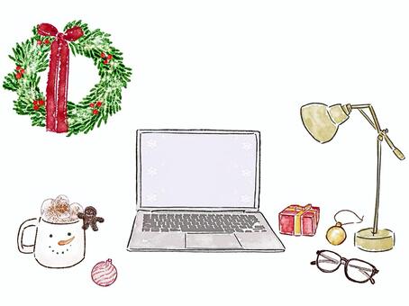 PC　クリスマス　リース　マグ　照明 pc,クリスマス,リース,ライト,ジンジャーブレッド,マシュマロ,めがね,プレゼント,コーヒー,仕事のイラスト素材