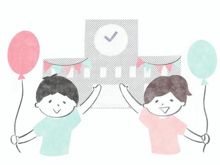 学園祭のイラスト 女の子,男の子,学園祭,文化祭,かわいい,お祭り,風船,ようこそ,いらっしゃい,学校のイラスト素材