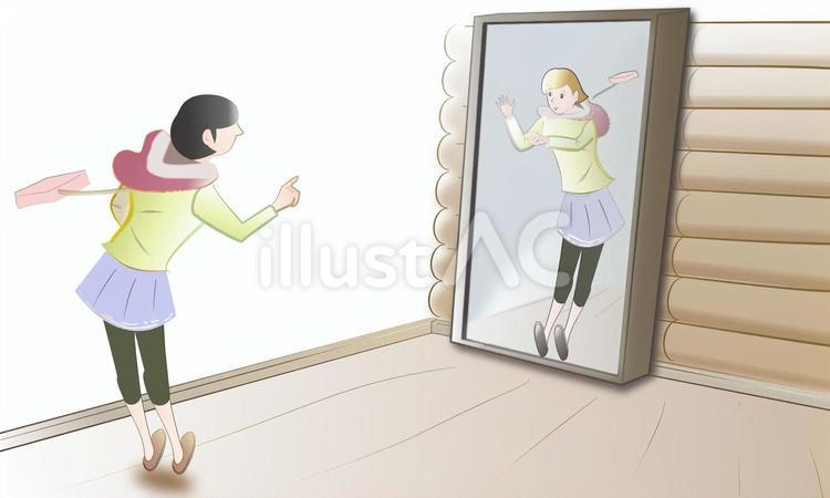 君は誰？　髪の色が変化して映る鏡 大鏡,女子,鏡に映る女子のイラスト素材