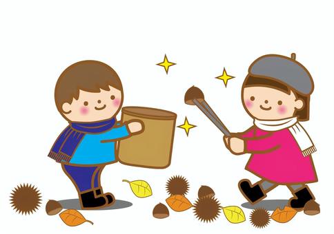 栗拾いをする子供達 栗,秋,拾う,食べ物,子供,楽しい,嬉しい,女の子,男の子,長靴のイラスト素材