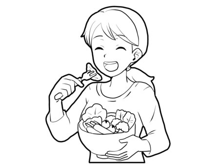 【白黒】サラダ美味しい【線画】 サラダ,ヴィーガン,ベジタリアン,野菜,女性,ヘルシー,健康,ダイエット,萌え絵,白黒のイラスト素材