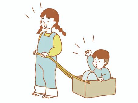 電車ごっこをする姉弟 電車,ごっこ,遊び,箱,ヒモ,段ボール,子供,姉弟,女の子,男の子のイラスト素材