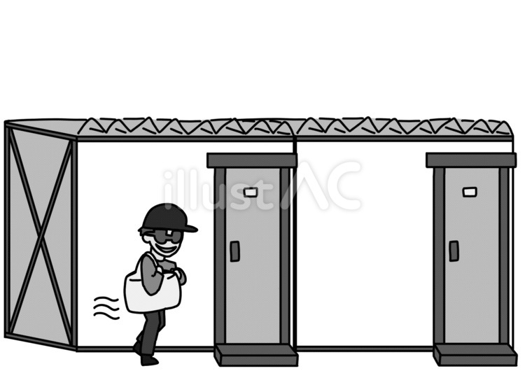 仮設住宅での泥棒　白黒 仮設住宅,不審者,泥棒のイラスト素材