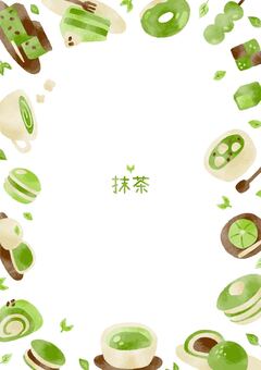 手描きの抹茶のお菓子のフレーム 抹茶,食べ物,スイーツ,フレーム,かわいい,飲み物,和菓子,洋菓子,植物,葉のイラスト素材