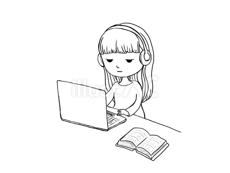 ヘッドフォンをしてPCをする女性（線画） 女性,ヘッドフォン,パソコンのイラスト素材