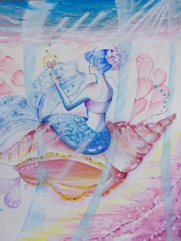 貝殻と人魚 人魚,貝殻,光,海,ファンタジー,メルヘン,水彩画,絵本,オリジナル,イラストのイラスト素材