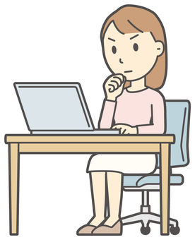  ロングヘア女性-399-全身 パソコン,女性,女の子,人物,かわいい,デスク,机,インターネット,仕事,座るのイラスト素材